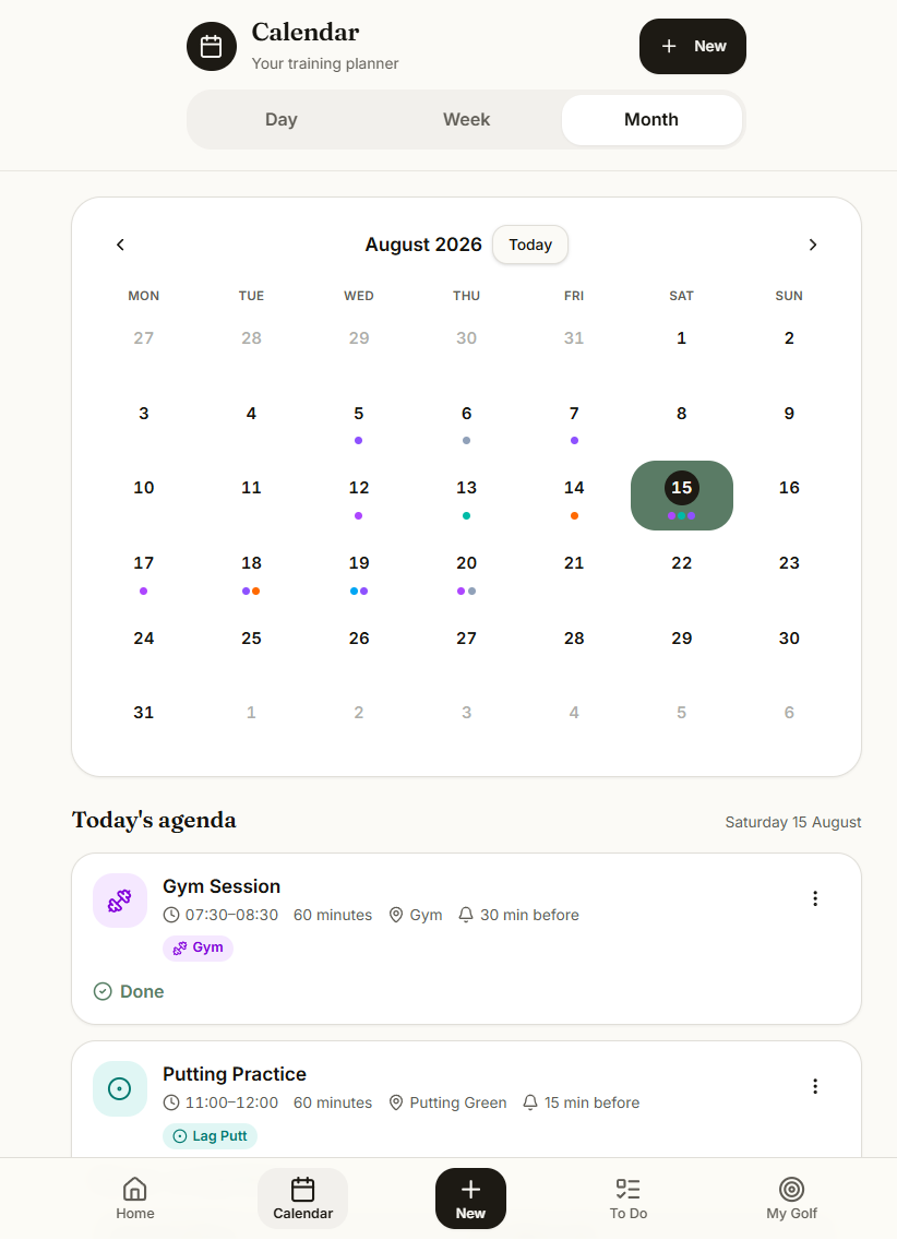 The Planscora calendar month view with training markers across the month and today's agenda listing a completed gym session and putting practice.