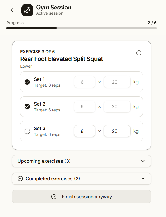 A Planscora strength session in progress, logging sets, reps and weight for the rear foot elevated split squat.
