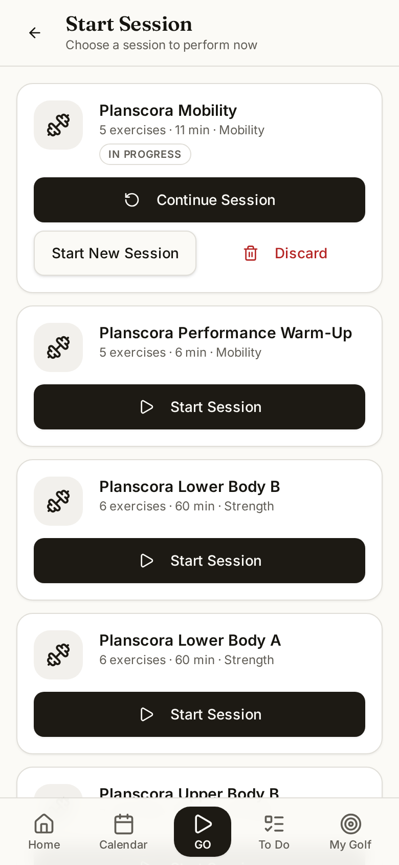 The Planscora sessions list showing saved training sessions ready to start or schedule.
