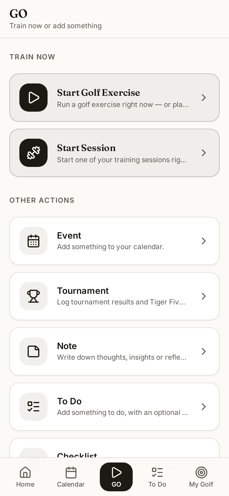 The Planscora GO screen on a phone, with options to start a golf exercise, a training session or log training.